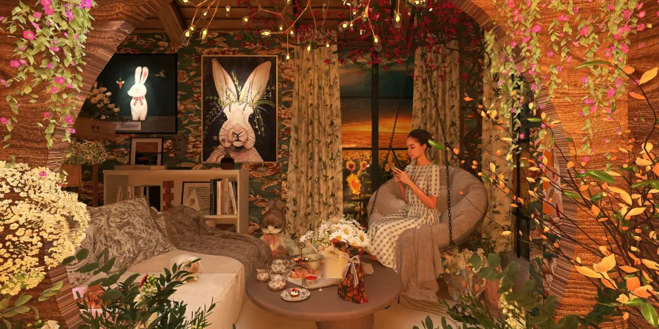 cozy living room with a woman reading surrounded by flowers and warm lighting, featuring a rustic design style, emphasizing comfort and relaxation, utilizing Homestyler's 3D rendering feature for realistic design previews.