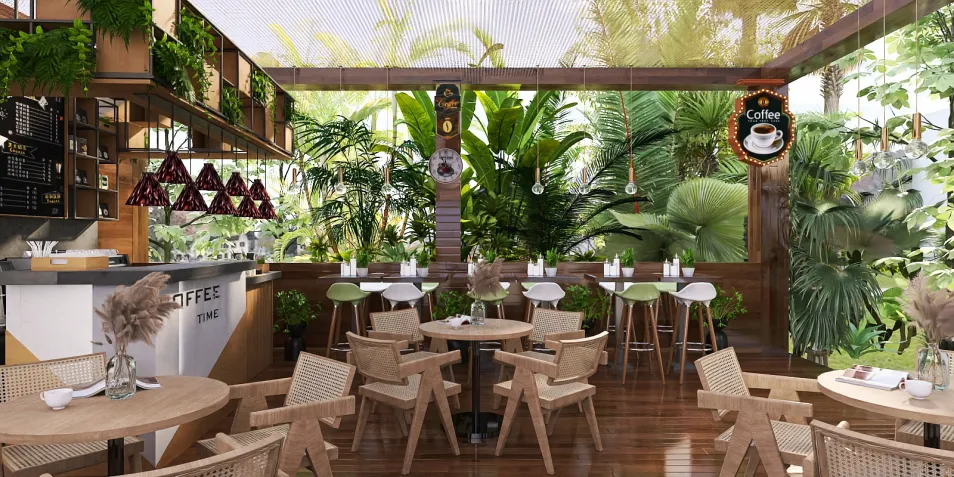 cozy cafe interior with natural wood accents and lush greenery featuring smart furniture arrangement for optimal space use, showcasing Homestyler's real-time 3D rendering capability.