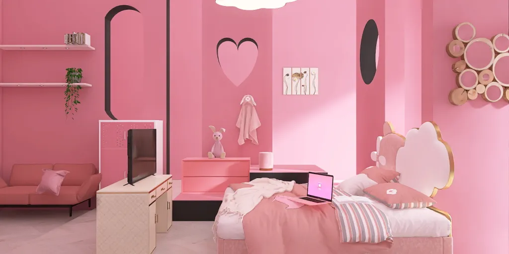 a bedroom with a pink wall and a pink bed 