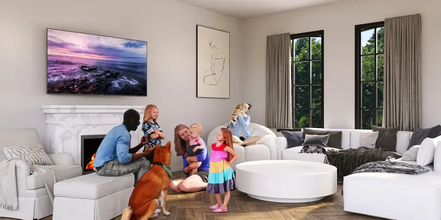 a family sitting in a living room with a tv 