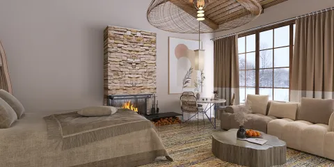 Cozy bedroom featuring a stone fireplace and warm furnishings in a rustic style, showcasing interior decor with a focus on comfort and warmth. Designed with Homestyler's real-time 3D rendering for efficient visualization.