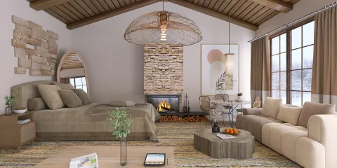 cozy living room with a stone fireplace featuring natural wood accents and earthy tones using smart furniture arrangement for optimizing small space with Homestyler's real-time 3D rendering.