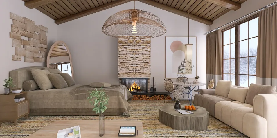 cozy living room with a stone fireplace featuring natural wood accents and earthy tones using smart furniture arrangement for optimizing small space with Homestyler's real-time 3D rendering.