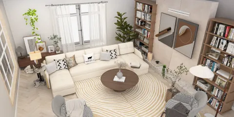 Modern living room design featuring a spacious layout with a sectional sofa and stylish decor. This interior showcases smart furniture arrangement for space optimization and utilizes Homestyler’s real-time 3D rendering for previewing design ideas.