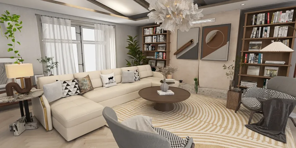 Cozy living room sofa arrangement featuring a modern design with neutral tones and artistic decor, showcasing interior design optimization using Homestyler's real-time 3D rendering feature.