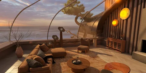 modern living room with panoramic ocean view featuring cozy furniture arrangement, showcasing a coastal design style, ideal for relaxation and aesthetic enjoyment using Homestyler's real-time 3D rendering feature.