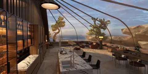 modern kitchen with natural elements showcasing serene ocean views, featuring realistic 3D rendering by Homestyler for immersive interior design experience