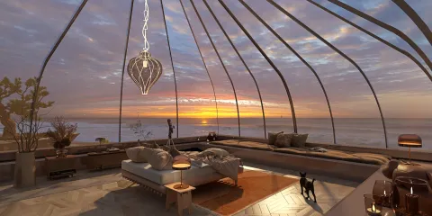 A luxurious living room with panoramic ocean views, featuring a modern sofa arrangement, elegant lighting, and a cozy rug, showcasing an immersive 3D interior design using Homestyler's real-time rendering feature.