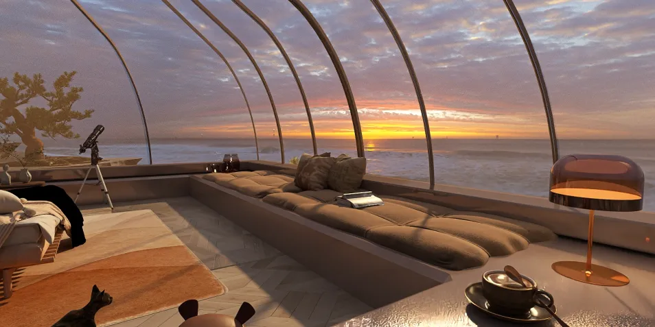 cozy seating area with panoramic ocean view, enhancing interior decor using Homestyler's real-time 3D rendering feature, creating a serene and stylish retreat.