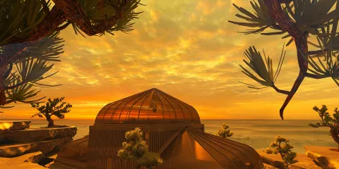 3D design of a unique dome-shaped structure depicting sunset scenery with surrounding trees, showcasing an immersive exterior design environment for architectural visualization, utilizing Homestyler's real-time 3D rendering feature.