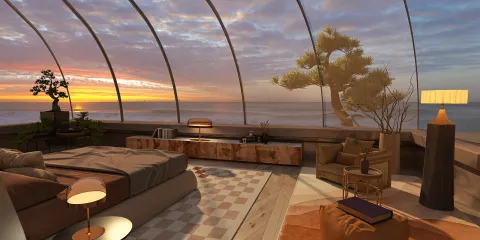 modern bedroom featuring a spacious layout with a focus on ocean views, incorporating smart furniture arrangement for optimized small space design, utilizing Homestyler's real-time 3D rendering feature.