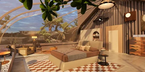 Modern bedroom design featuring a spacious layout with a large bed, stylish furniture arrangement, and natural lighting, showcasing an immersive 3D interior visualization with Homestyler's real-time 3D rendering feature.