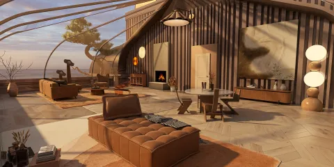 Modern living room with a cozy layout featuring a leather couch and stylish furniture, designed using Homestyler's real-time 3D rendering for an immersive interior decor visualization.