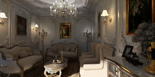 elegant living room design featuring vintage furniture arrangement in classic style with a luxurious ambiance, showcasing Homestyler's real-time 3D rendering feature for visualizing interior decor.