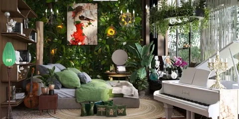 A beautifully designed bedroom featuring lush greenery and ambient lighting, showcasing an intimate and cozy atmosphere with a piano. The space highlights Homestyler's real-time 3D rendering to visualize the interior effects.