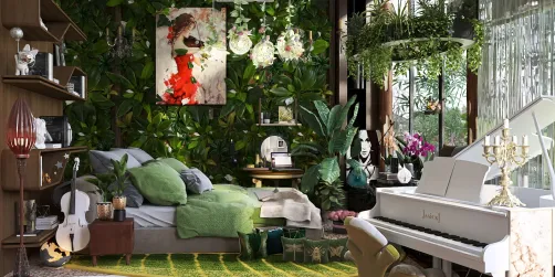 a cozy bedroom filled with lush greenery and artistic decor, designed using Homestyler's real-time 3D rendering feature to showcase a tropical style with vibrant colors and various textures.