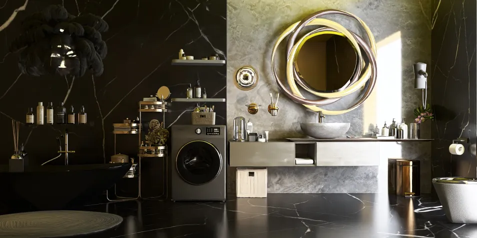 modern bathroom design featuring a sleek vanity with a large mirror, stylish laundry appliances, and elegant decor elements, showcasing the use of Homestyler's real-time 3D rendering for a realistic renovation preview.