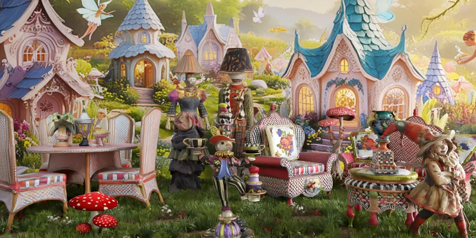 Fairy tale village scene with whimsical furniture arrangement showcasing charming cottages and playful decorations in a colorful garden setting, emphasizing interior decor design using Homestyler's smart furniture placement feature.