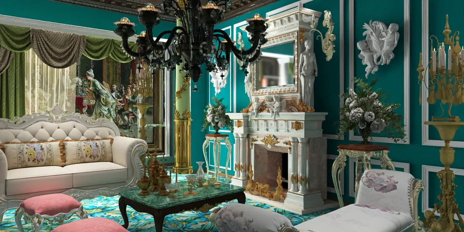 luxurious living room with ornate chandelier and vibrant turquoise walls showcasing classic furniture arrangement in a vintage style; featuring Homestyler's real-time 3D rendering functionality for design previews.