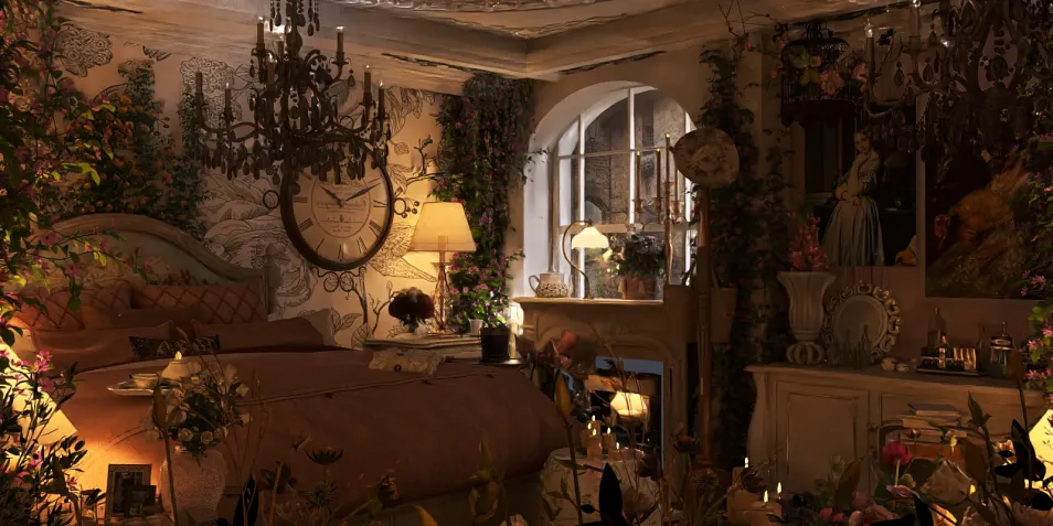 Floral-themed bedroom featuring a beautifully arranged bed and elegant chandelier, designed in a vintage style, showcasing a cozy atmosphere with Homestyler's real-time 3D rendering capability.
