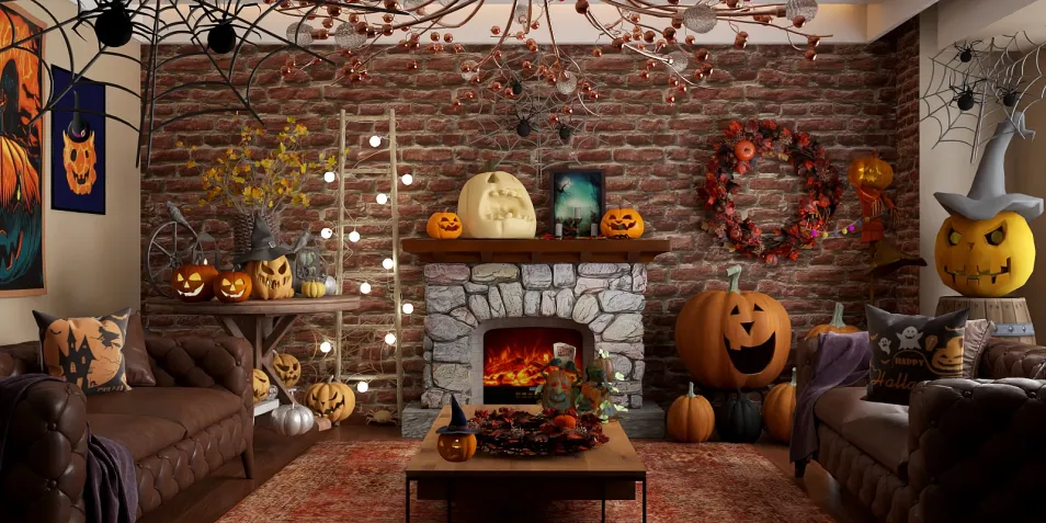 Halloween-themed living room decorated with pumpkins and cobwebs, showcasing cozy seating and warm lighting; perfect for festive interior decor inspiration; featuring Homestyler's real-time 3D rendering for effective design proposal presentation.