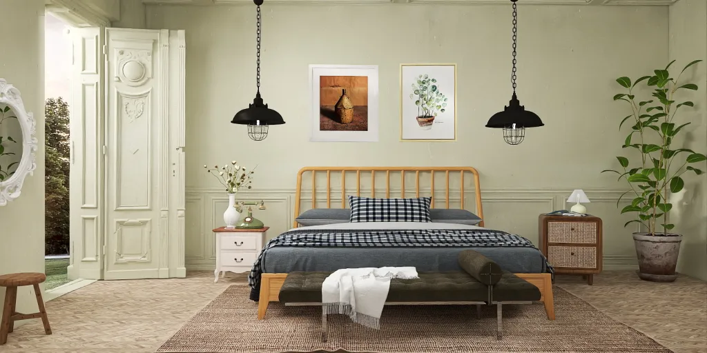 a bedroom with a bed, a lamp, and a painting on the wall 
