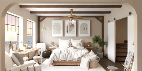 A modern bedroom featuring a cozy bed arrangement with natural light, designed in a contemporary style, enhancing relaxation and comfort with the help of Homestyler's real-time 3D rendering feature.