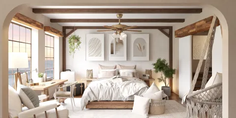 cozy bedroom design with natural elements featuring a wooden bed and decorative plants in a warm style showcasing homestyler's real-time 3D rendering