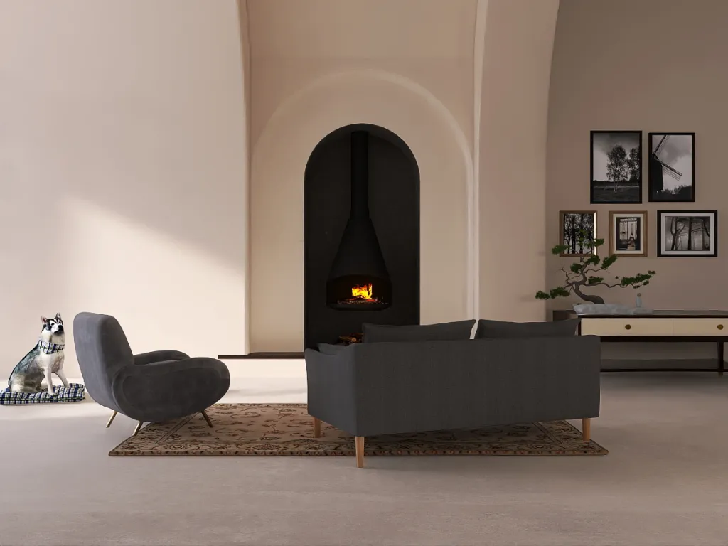 a living room with a fire place and a chair 