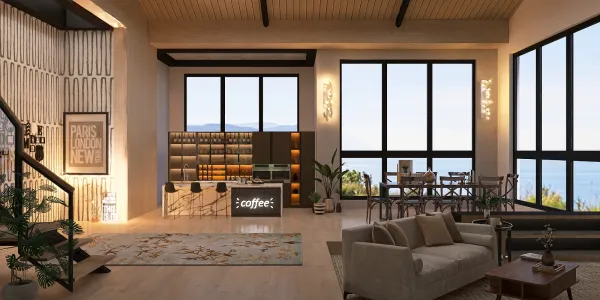 modern living room design featuring a coffee bar, showcasing smart furniture arrangement, in a contemporary style, emphasizing spaciousness and functionality, leveraging Homestyler's real-time 3D rendering capabilities.