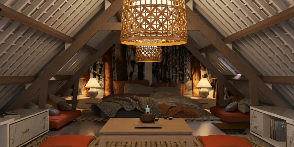 cozy attic bedroom with wooden beams featuring warm lighting and a natural wood design creating a tranquil atmosphere; showcasing interior decor optimization using Homestyler's smart furniture arrangement feature.