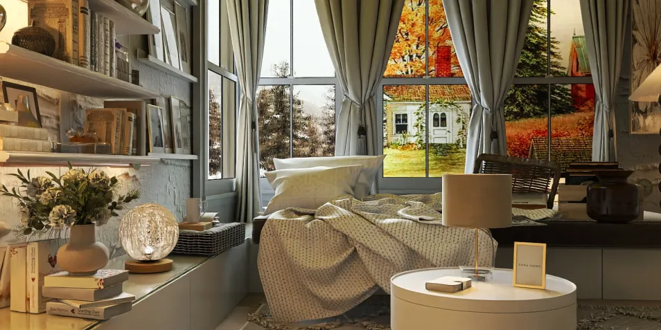 cozy bedroom with relaxed bedding and stylish decor featuring large windows, showcasing an autumn landscape, utilizing Homestyler's real-time 3D rendering feature for an immersive interior design experience.