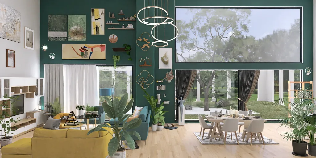 a living room with a bunch of plants on the walls 