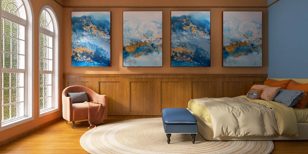 a living room with a couch, chair, and a painting on the wall 