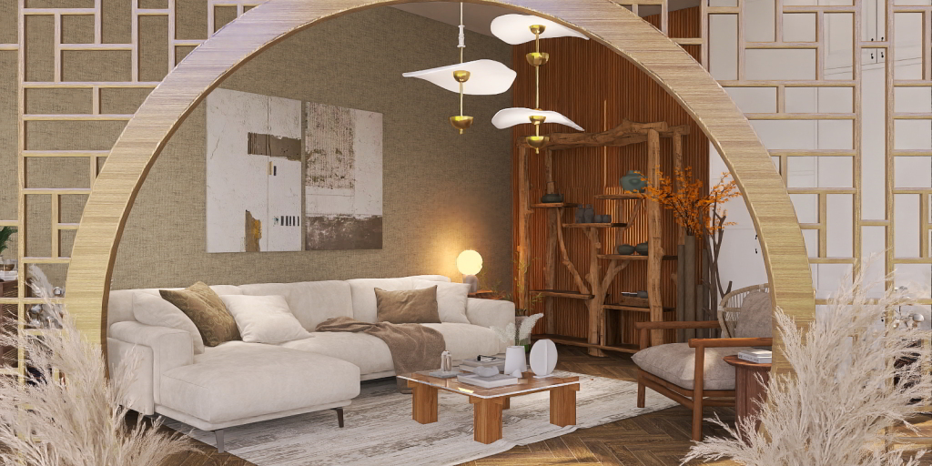 a living room with a couch and a mirror 