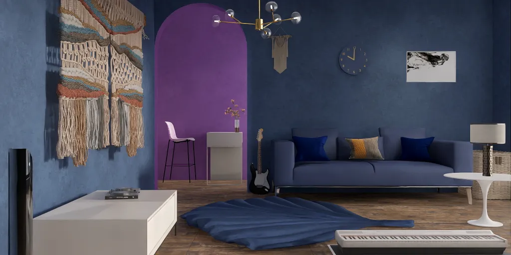 a living room with a blue couch and blue walls 