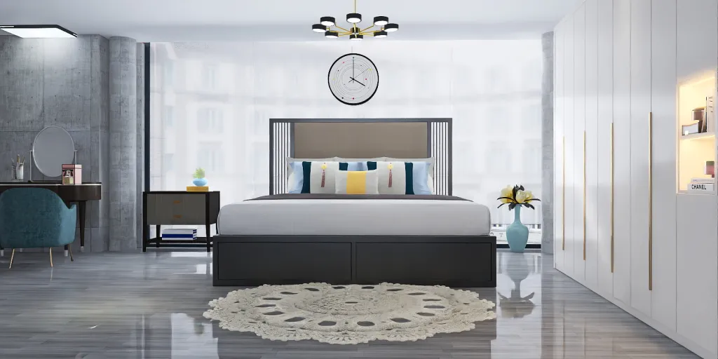 a large white bed in a room with a clock 