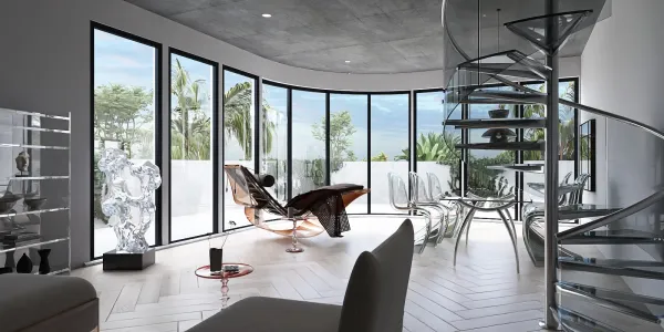 modern living room featuring a curved glass wall and spiral staircase, showcasing sleek furniture design in an open space, emphasizing interior decor optimization with Homestyler's real-time 3D rendering.