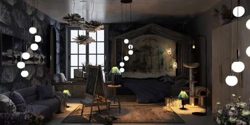 cozy bedroom interior featuring artistic decor and soft lighting with a focus on modern design, showcasing Homestyler's real-time 3D rendering capabilities.