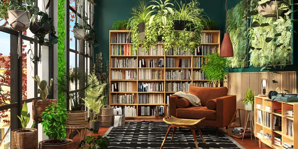 a living room with a large bookcase and a large window 
