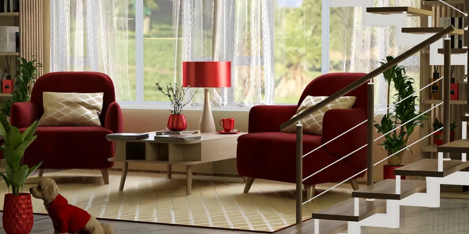 cozy living room with plush red chairs and a modern coffee table, showcasing a contemporary design, highlighting interior decor with Homestyler's real-time 3D rendering feature.