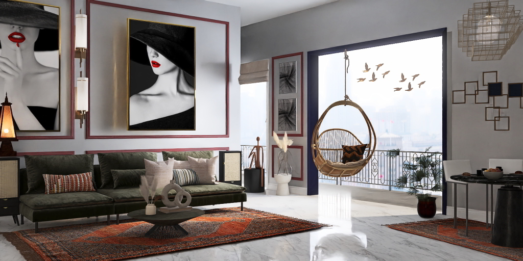 a living room with a couch, chair, and a window 