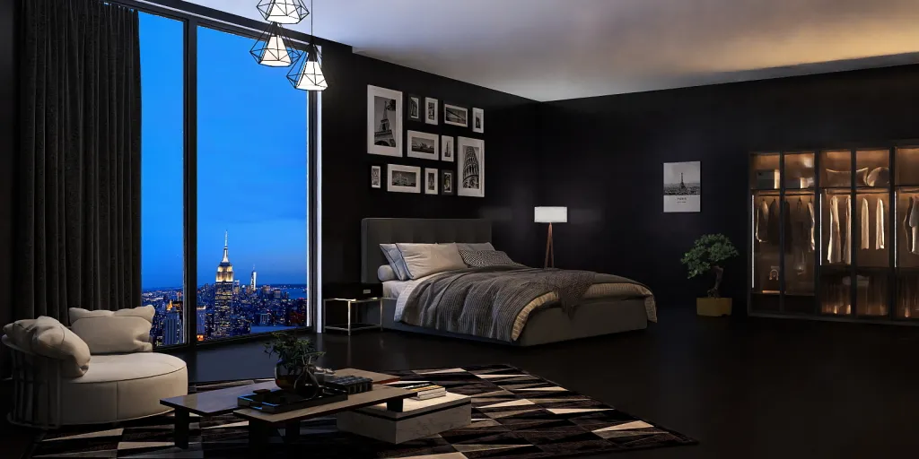 a bedroom with a bed, desk, and a lamp 