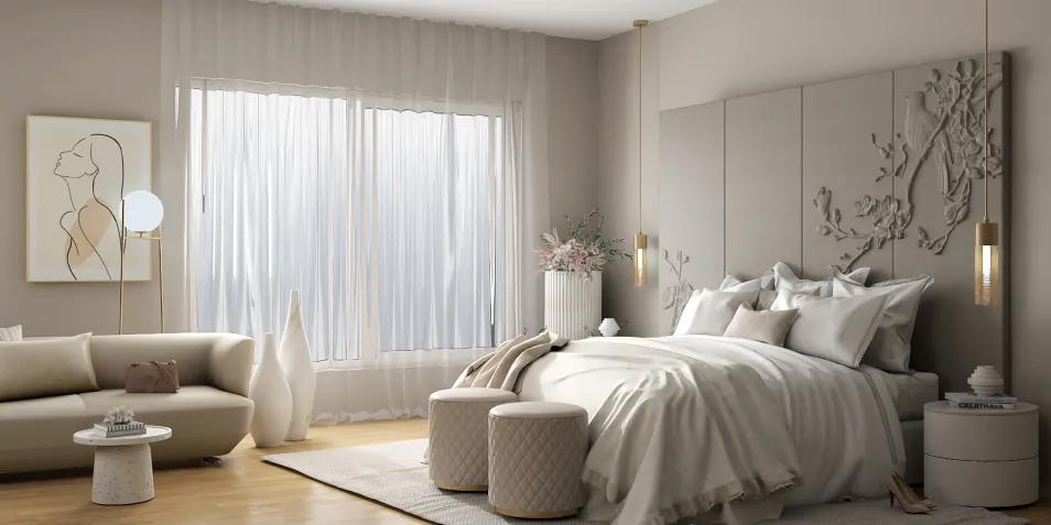 A serene bedroom setting showcasing a soft color palette, featuring elegant bedding and decorative wall art. The design emphasizes comfort and tranquility, ideal for creating a cozy retreat. This interior decor scene utilizes Homestyler's real-time 3D rendering for instant visualization.