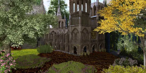 lush garden view featuring vintage architecture surrounded by colorful foliage in a scenic landscape, highlighting an immersive outdoor design experience with Homestyler's real-time 3D rendering capabilities.