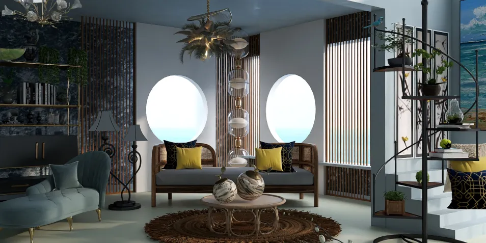 modern living room with circular windows featuring stylish furniture arrangement in an ocean view setting, utilizing Homestyler's smart furniture placement feature for optimal small space design