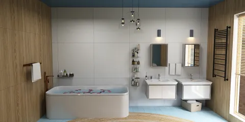Modern bathroom design featuring a freestanding bathtub and dual sinks, showcasing a contemporary style and optimal space utilization with Homestyler's real-time 3D rendering capability.