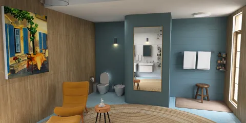 Modern bathroom featuring a cozy chair, stylish mirror, and artistic wall decor, designed using Homestyler's real-time 3D rendering for an interior design preview.