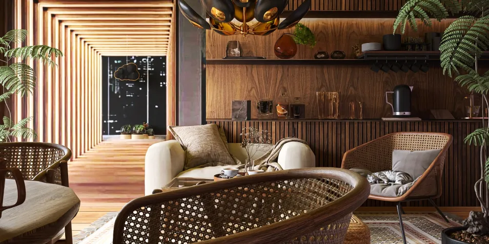 Modern living room featuring a cozy sofa and stylish armchairs surrounded by indoor plants, showcasing a warm wood design; ideal for creating a welcoming interior space using Homestyler's real-time 3D rendering feature.