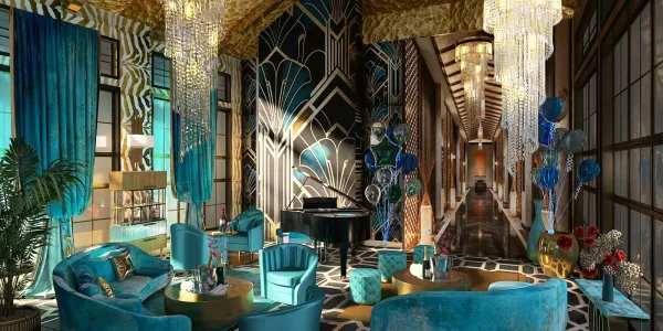 luxurious lounge with elegant seating and grand piano showcasing Art Deco style for modern interior decor, featuring Homestyler's real-time 3D rendering capability.